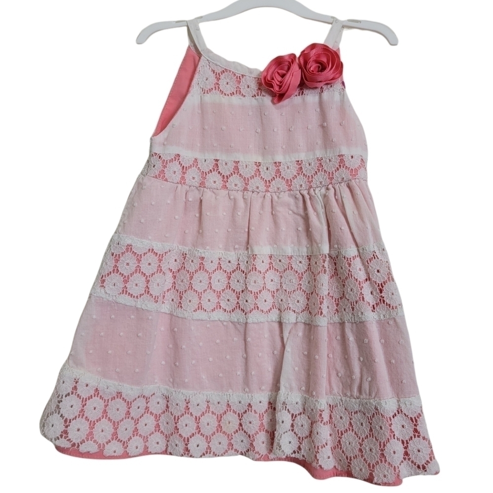 Penelope Mack Coral White Lace Rosette  Lined Sun Dress 12M